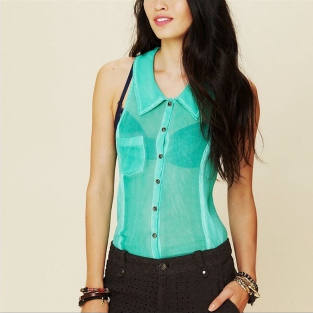 Free People Teal Collared Tank-top Size small